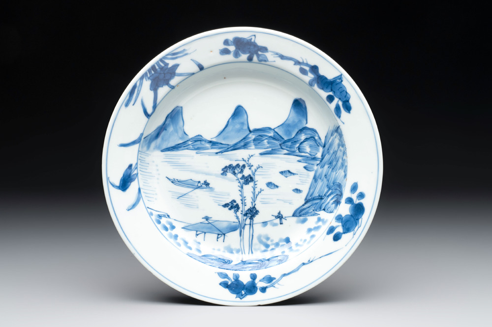A Chinese blue and white 'Master of the Rocks' plate, Kangxi
