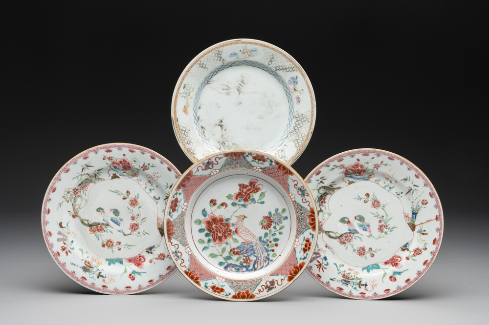 Three Chinese famille rose plates with birds among flowers and a grisaille plate, Yongzheng/Qianlong