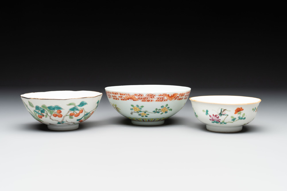 Three Chinese famille rose bowls, Tongzhi and Guangxu marks, 19th C.