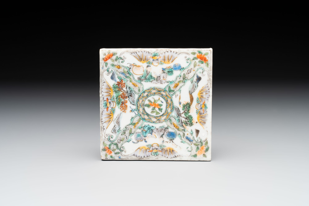 A Chinese Canton famille verte tile, 19th C.
