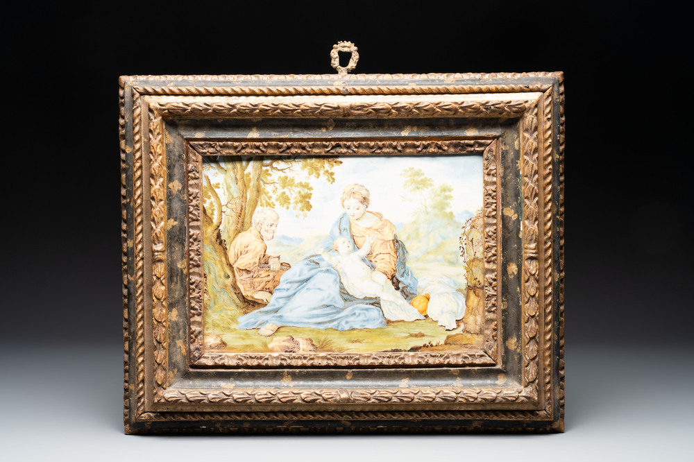 A framed Italian maiolica 'biblical subject' plaque, Castelli, 18th C.