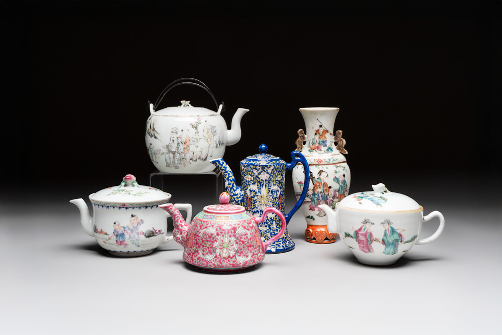 Five Chinese famille rose and qianjiang cai teapots and one wall vase, Qianlong and Guangxu marks, 19/20th C.