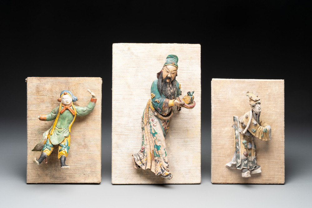 Three Chinese polychrome pottery figures, 19th C.