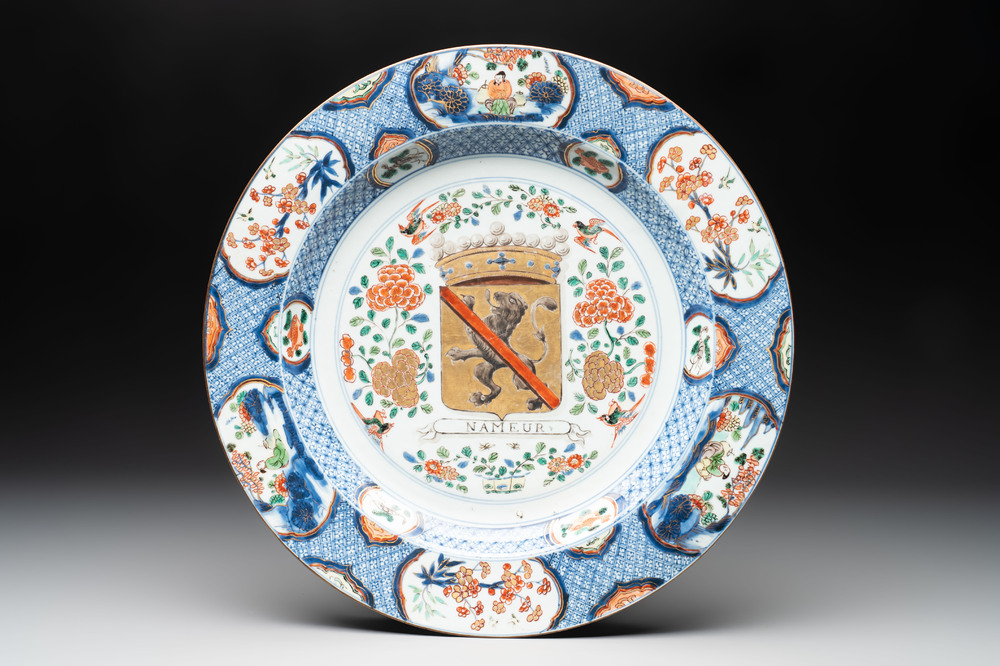 A large Chinese famille verte armorial 'Provinces' dish with the arms of Namur, Kangxi, ca. 1720