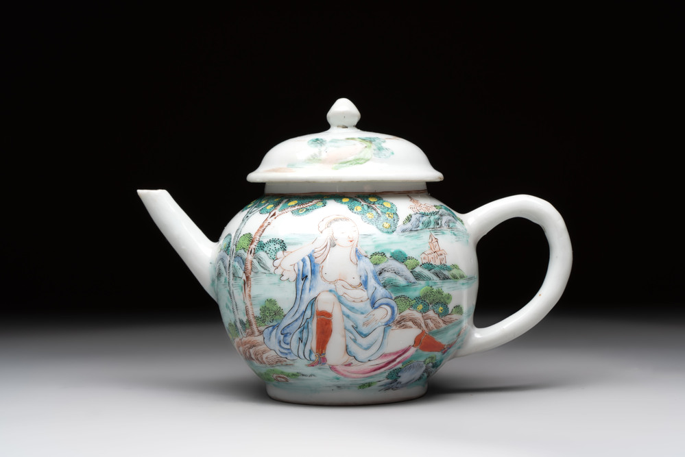 A rare Chinese famille rose teapot with an erotic depiction of a European lady, Yongzheng
