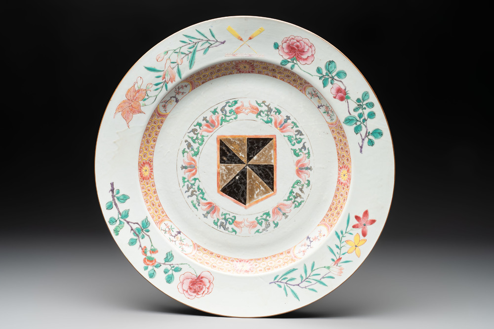 A large Chinese famille rose armorial dish with the arms of Campbell for the English market, Yongzheng/Qianlong