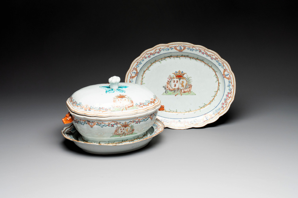 A Chinese famille rose armorial covered tureen, stand and serving dish with the arms of Visdelou for the French market, Qianlong, ca. 1765
