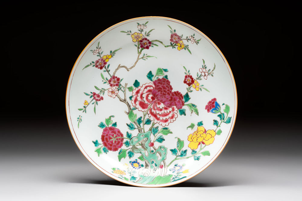 A Chinese famille rose 'peonies and plum blossoms' dish, Yongzheng