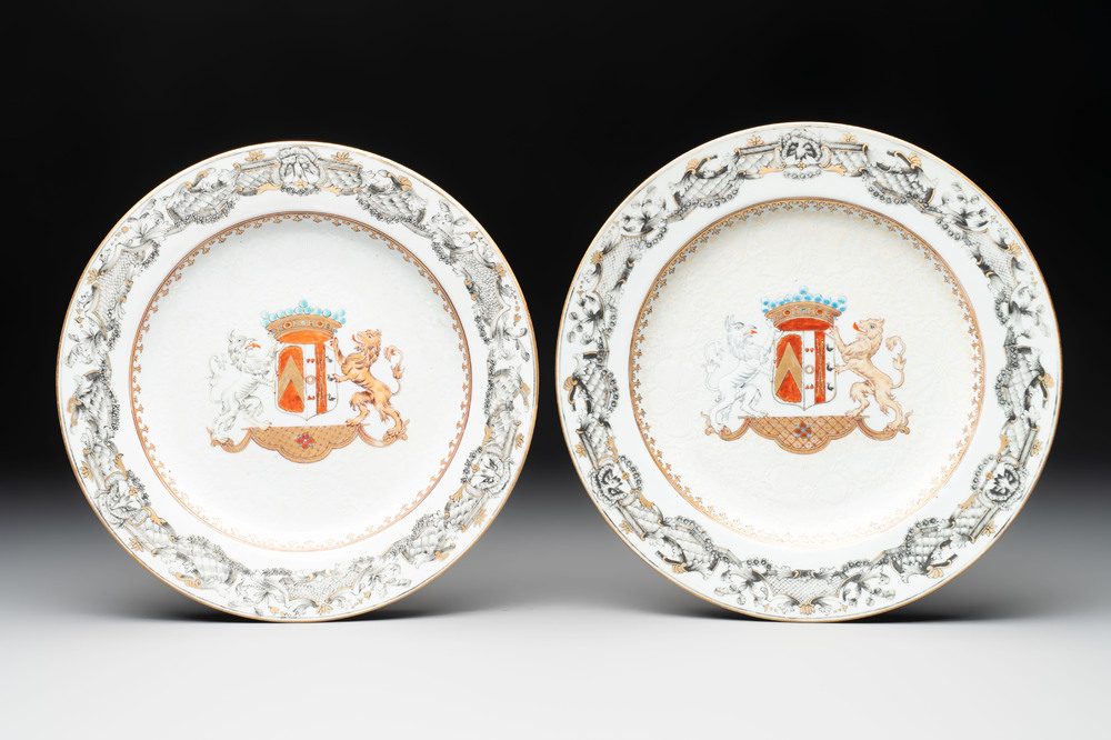 A pair of Chinese bianco sopra bianco armorial dishes with the arms of van Herzeele for the Dutch market, Qianlong, ca. 1740-1745