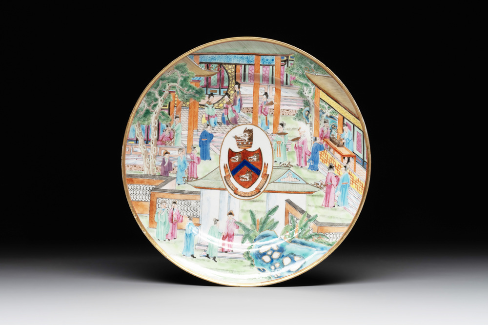 A rare Chinese Canton famille rose armorial dish with the arms of Wight, ca. 1810