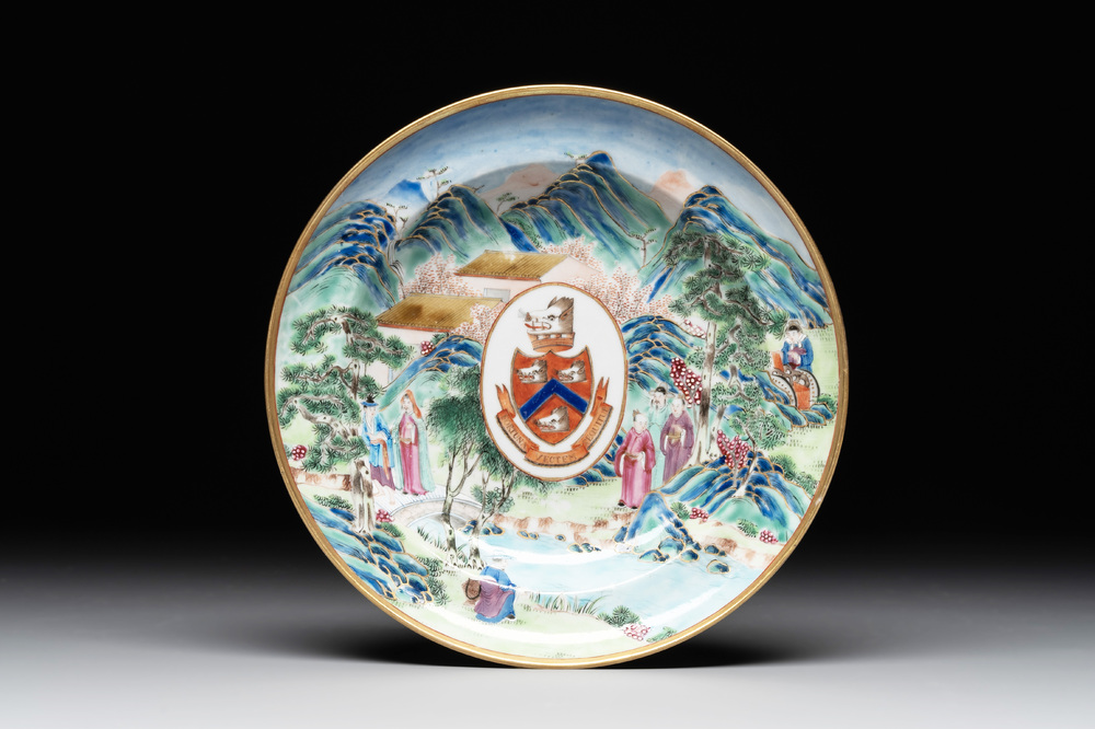 A rare Chinese Canton famille rose armorial soup plate with the arms of Wight, ca. 1810