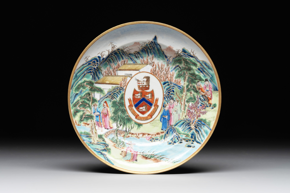A rare Chinese Canton famille rose armorial soup plate with the arms of Wight, ca. 1810