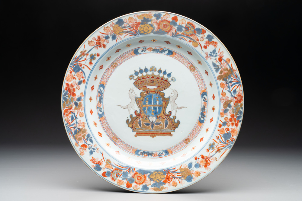 A rare Chinese Imari-style armorial dish with the arms of Ferrand for the French market, Kangxi, ca. 1715