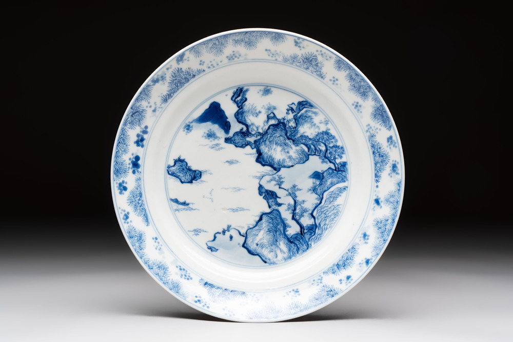 A Chinese blue and white 'Master of the Rocks' plate, Chenghua mark, Kangxi