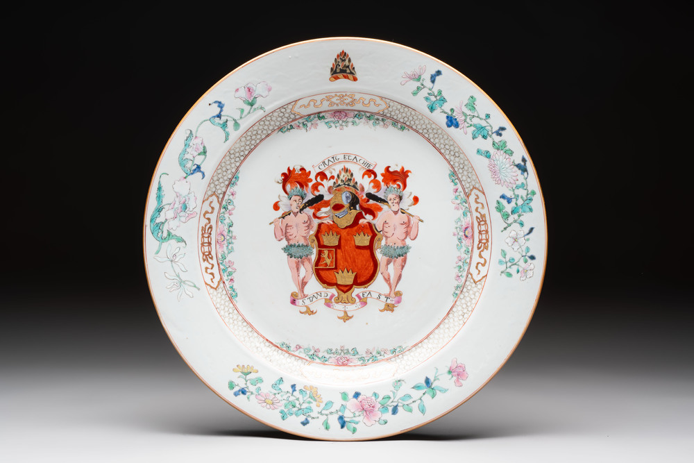 A fine Chinese armorial dish with the arms of Grant for the English market, Yongzheng, ca. 1730