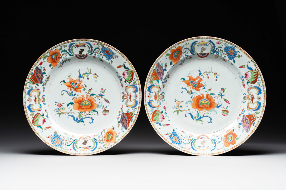 A pair of large Chinese famille rose 'Madame de Pompadour' dishes, Qianlong, ca. 1745