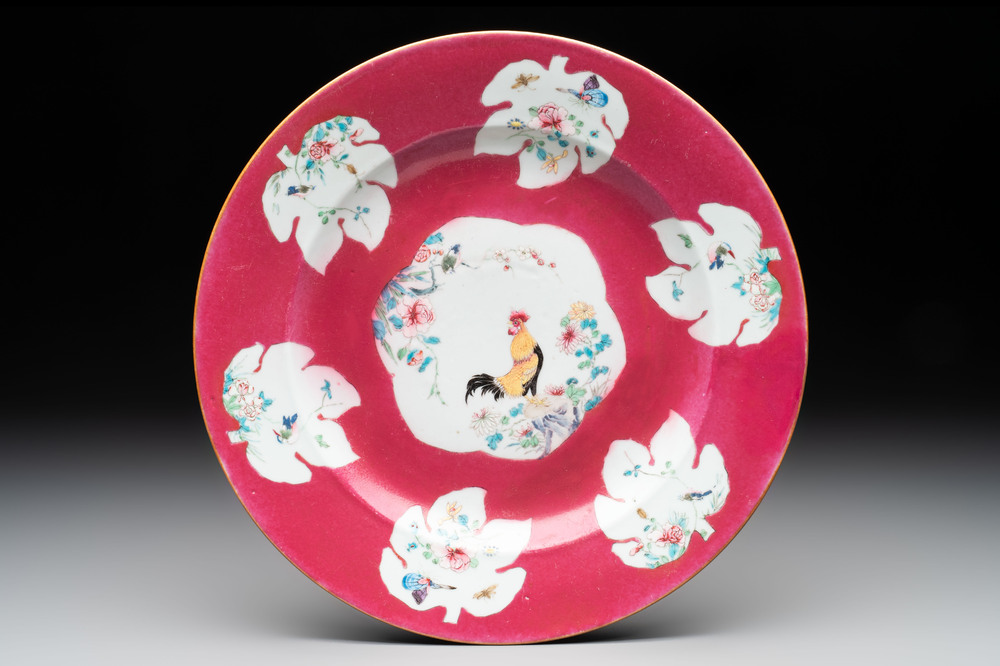 A Chinese famille rose ruby-ground 'rooster' dish, Yongzheng