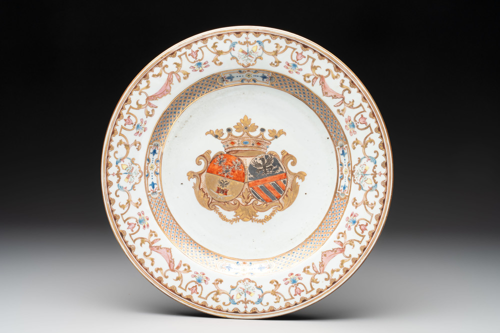 A Chinese famille rose armorial dish with an alliance coat of arms of Frosconi and Proli for the Belgian market, Qianlong, ca. 1739