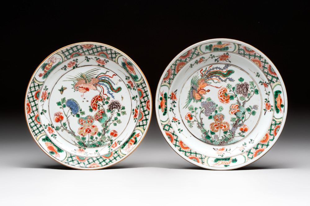 A pair of Chinese famille verte 'phoenix' plates, Kangxi