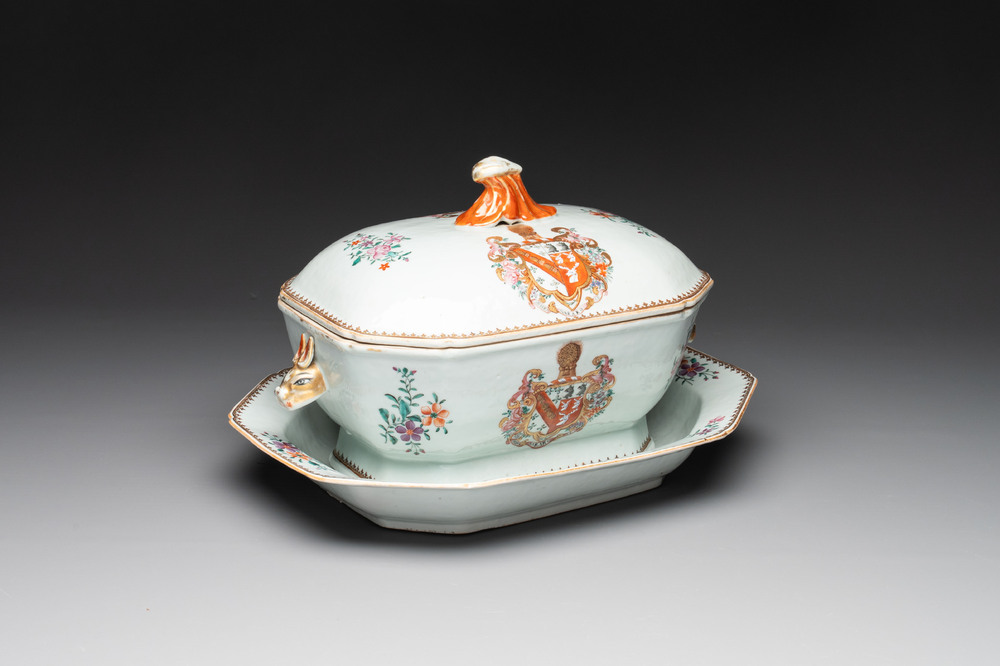 A Chinese famille rose armorial covered tureen and stand with the arms of Maltby impaling Lyne for the English market, Qianlong, ca. 1765