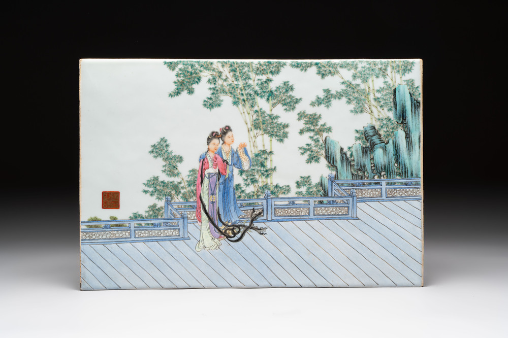 A Chinese famille rose plaque with two ladies in a garden, Yan Qing Lou 延慶樓 mark, 20th C.
