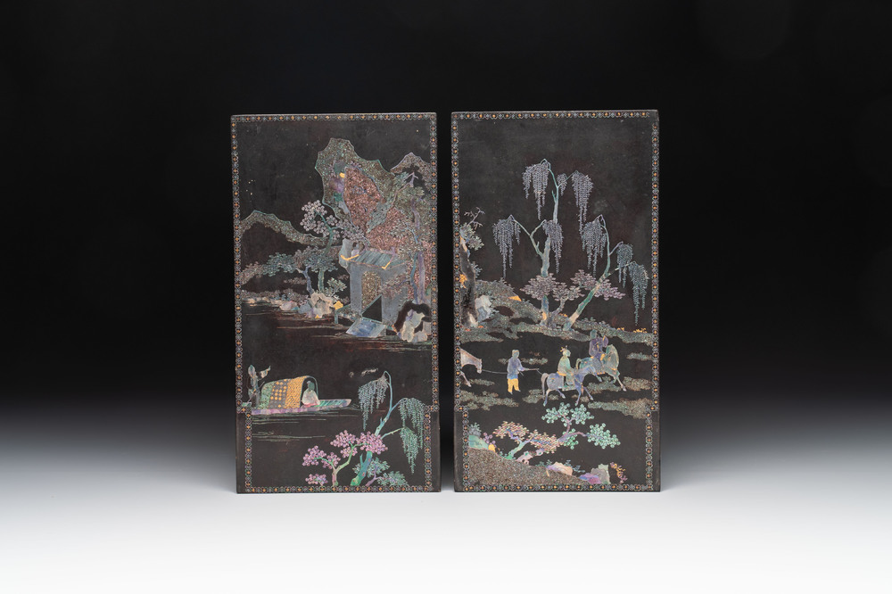 A pair of Chinese laque burgaut&eacute; plaques with figures in landscapes and poems, Qing