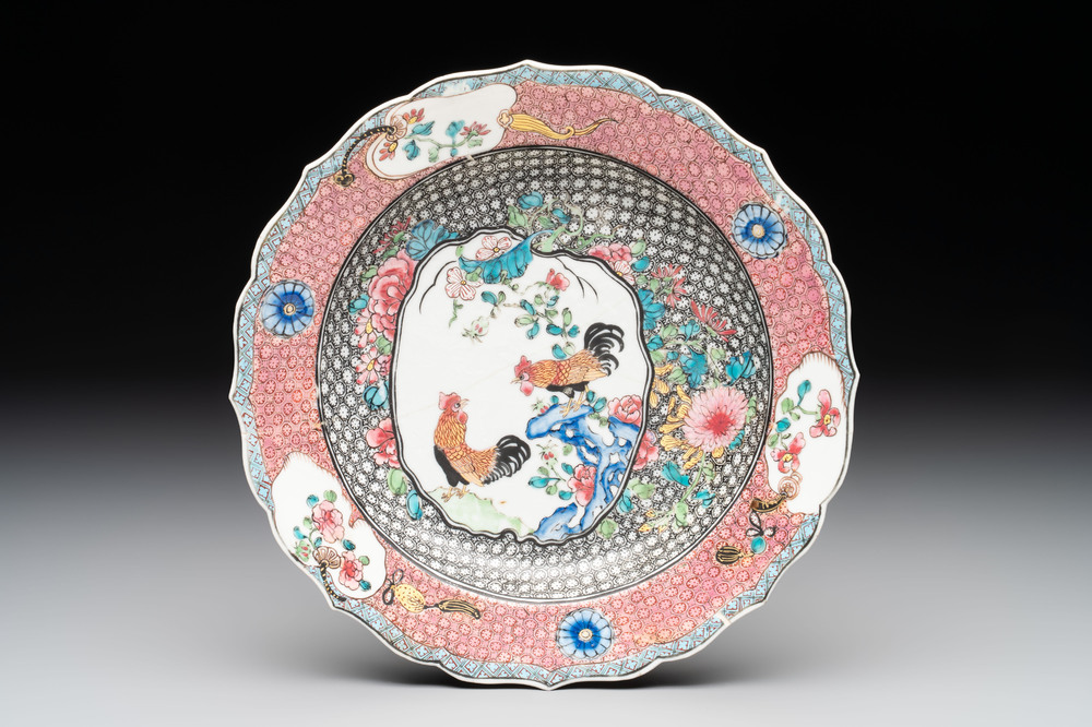 A Chinese famille rose 'roosters' eggshell plate, Yongzheng