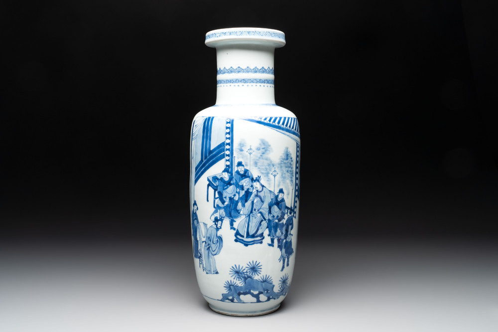 A Chinese blue and white rouleau vase with narrative design, Kangxi