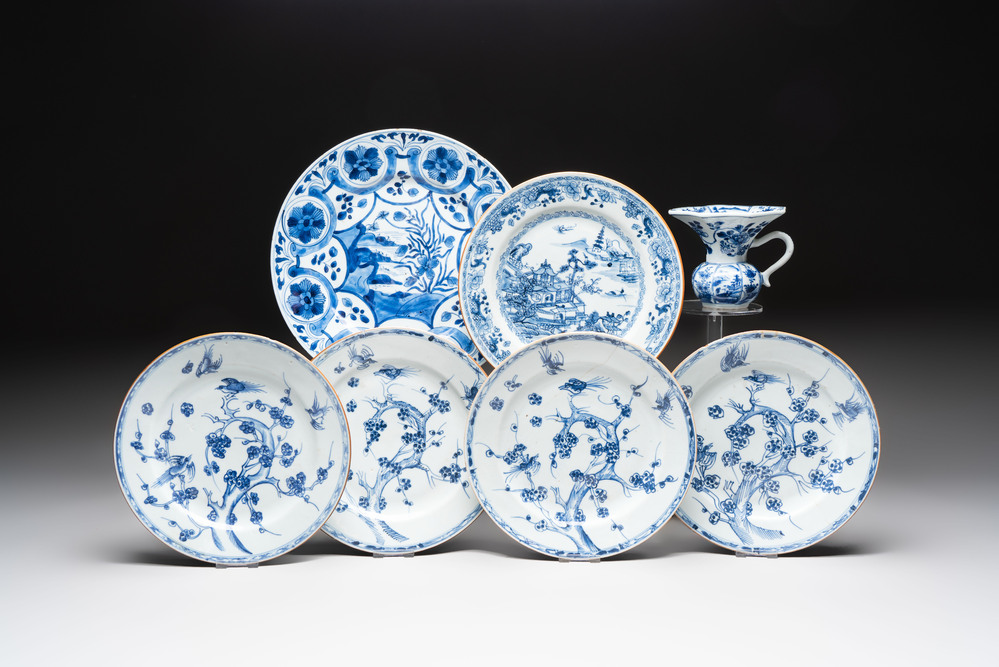 Five Chinese blue and white plates, a dish and a spittoon, Kangxi/Qianlong