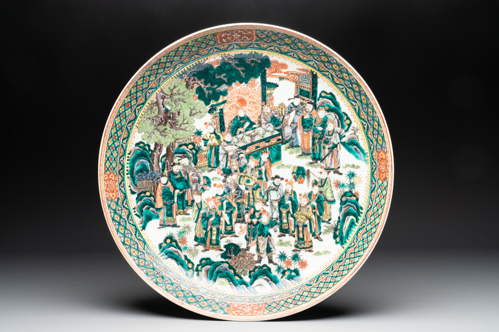 A massive Chinese famille verte dish with narrative design, 19th C.