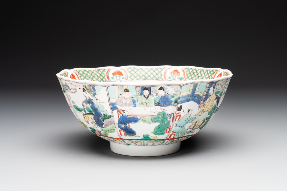 A Chinese famille verte bowl with narrative design, Fu 福 mark, Kangxi