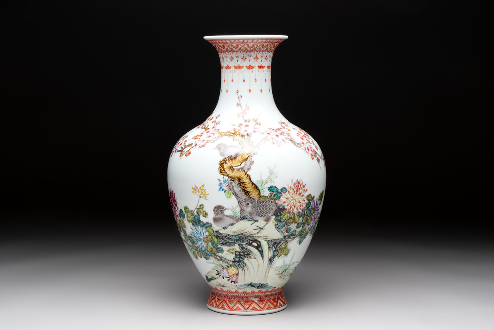 A Chinese famille rose 'birds among flowering branches' vase, Qianlong mark, 20th C.
