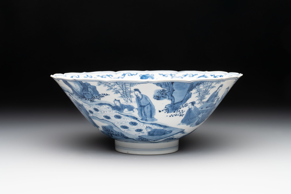 A rare Chinese blue and white 'Seven Sages of the Bamboo Grove' conical bowl, Kangxi mark and of the period