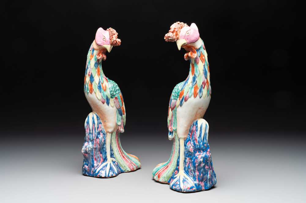 A rare pair of Chinese famille rose models of phoenixes, Qianlong