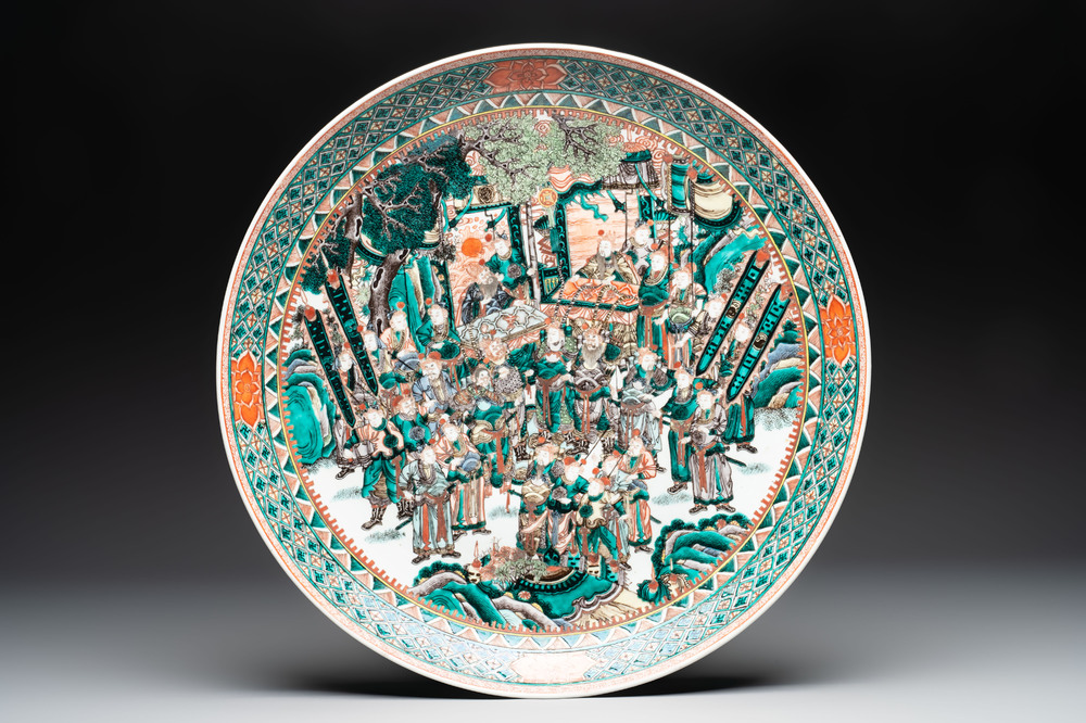 A massive Chinese famille verte dish with narrative design, 19th C.