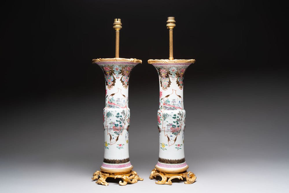A pair of Chinese famille rose vases with fine gilt-bronze lamp mounts, Yongzheng