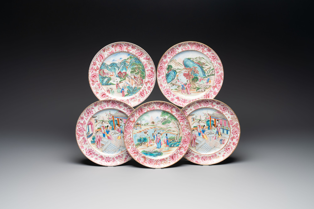 Five unusual and fine Chinese Canton famille rose dishes with puce-enamelled rims, 19th C.