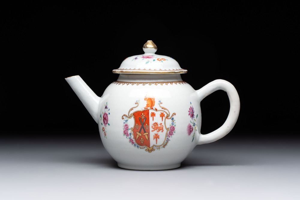 A Chinese famille rose armorial teapot with the arms of Barrow impaling Dighton for the English market, Qianlong, ca. 1755