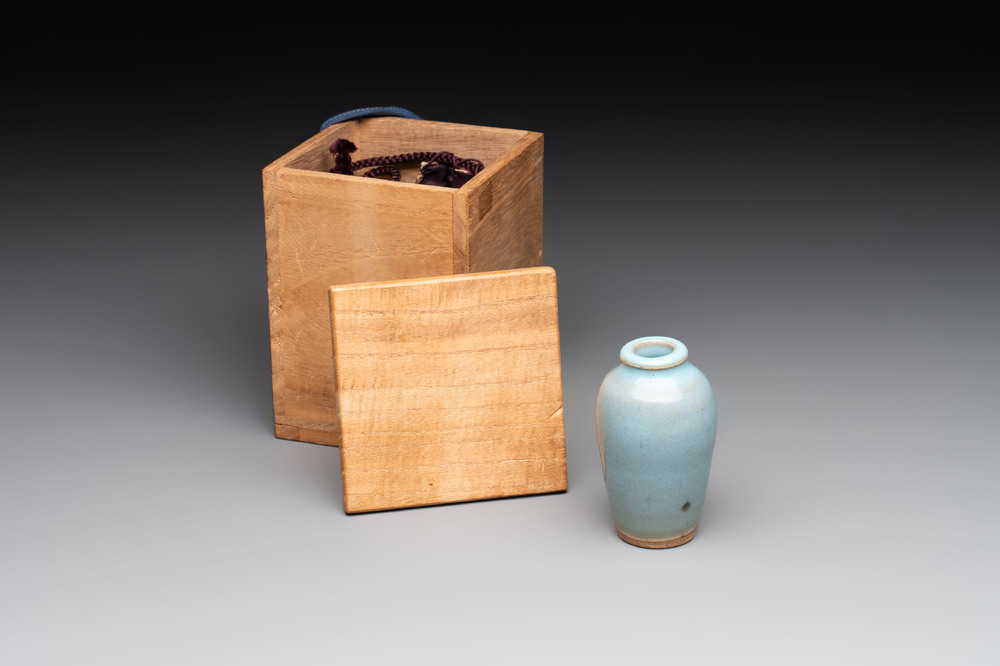 A Chinese blue-glazed 'jun' miniature vase with a wooden box, Song/Yuan