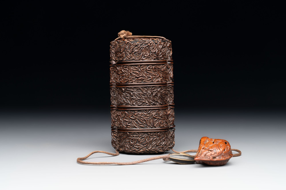 A Japanese lacquer inrō with a netsuke and an ojime, Meiji, 19th C.