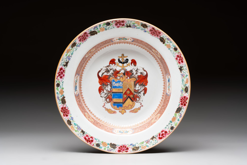 A Chinese famille rose armorial soup plate with the arms of Mertins impaling Peck for the English market, Yongzheng, ca. 1725