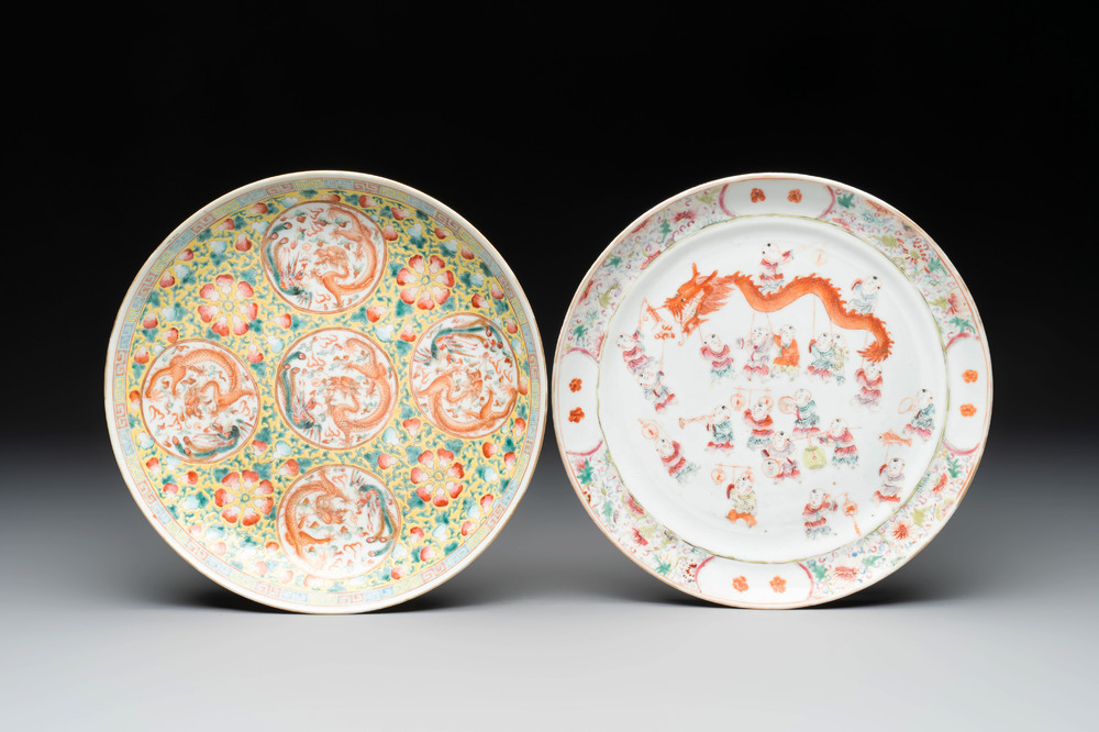 A Chinese famille rose yellow-ground 'dragon' plate and a 'lantern festival' plate, Guangxu marks and of the period