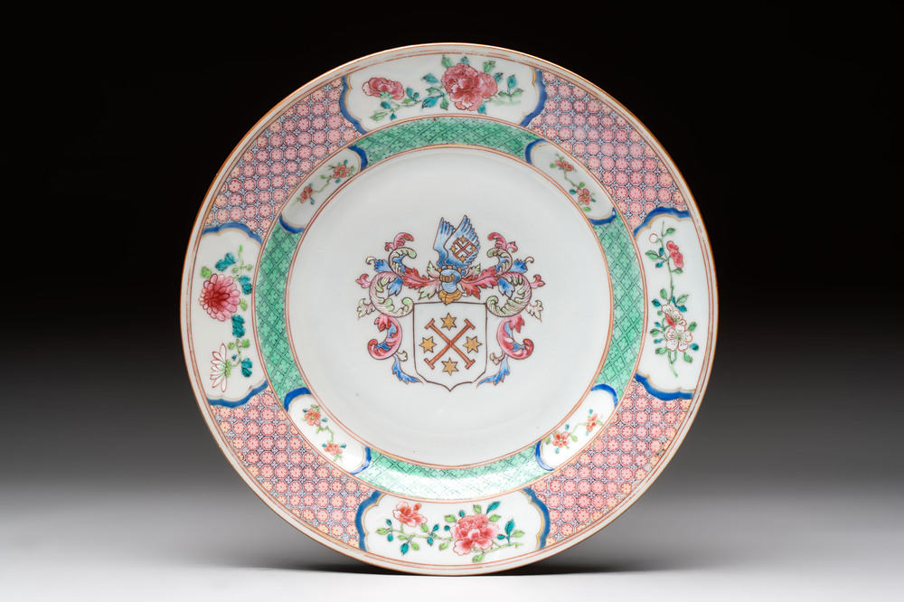 A Chinese famille rose armorial soup plate with the arms of Mellot for the Dutch market, Yongzheng, ca. 1733-1735