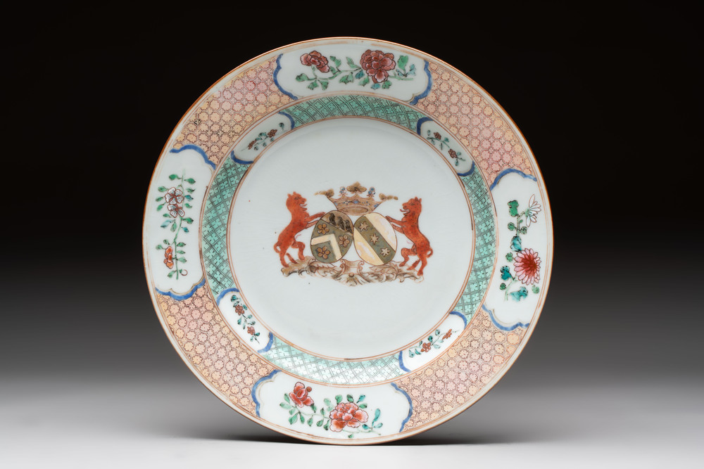 A Chinese armorial soup plate with the coat of alliance of Boudaen Courten and Boudaert for the Dutch market, Yongzheng, ca. 1733-1735