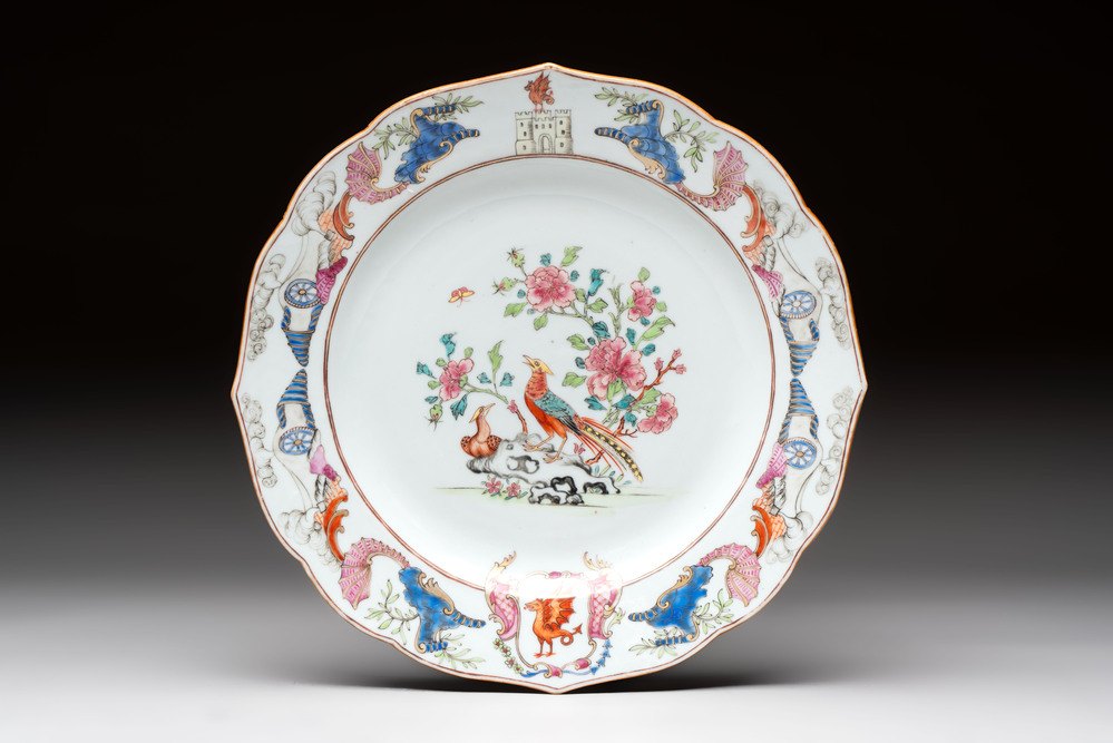 A Chinese famille rose armorial soup plate with the arms of Drake for the English market, Qianlong, ca. 1750