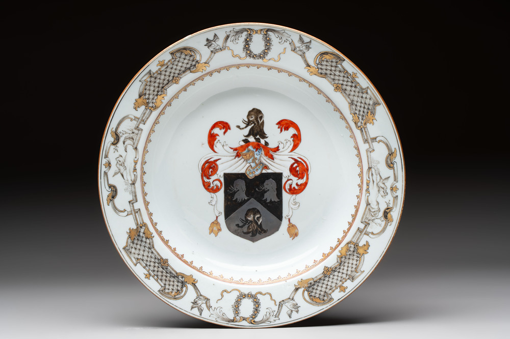 A Chinese armorial soup plate with the arms of Saunders for the English market, Qianlong, ca. 1745