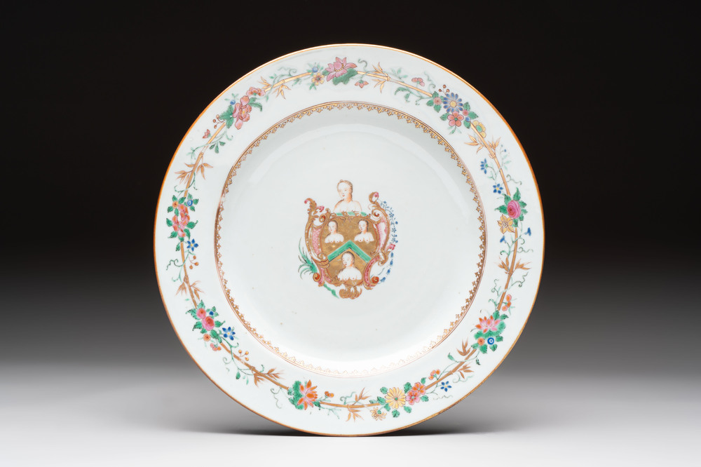 A Chinese famille rose armorial dish with the arms of William Ellis for the English market, Qianlong, ca. 1755