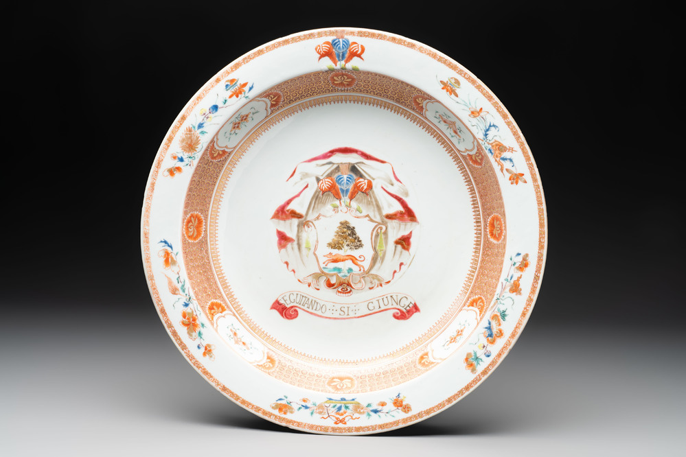 A large Chinese famille rose armorial basin with the arms of Lambert for the English market, Kangxi/Yongzheng, ca. 1722