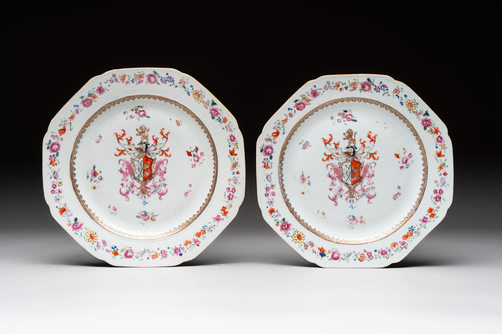 A pair of Chinese famille rose armorial plates with the arms of Mills impaling Hatch for the English market, Qianlong, ca. 1745