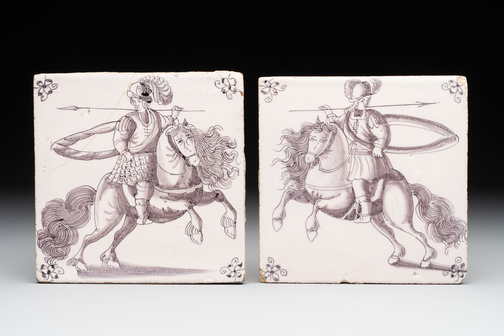Two manganese Dutch Delft tiles with horse riders, 18th C.